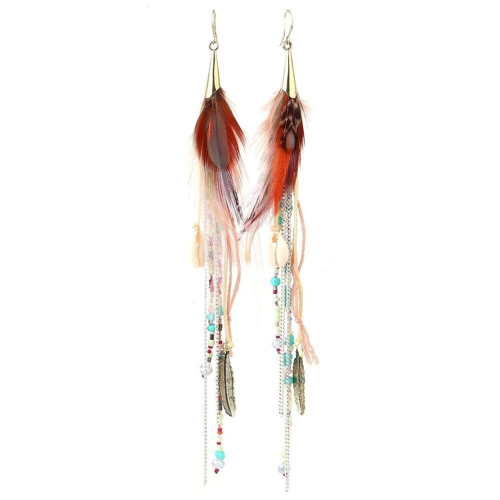 Feather Tassel Drop Earrings for Women Boho Shell Beads